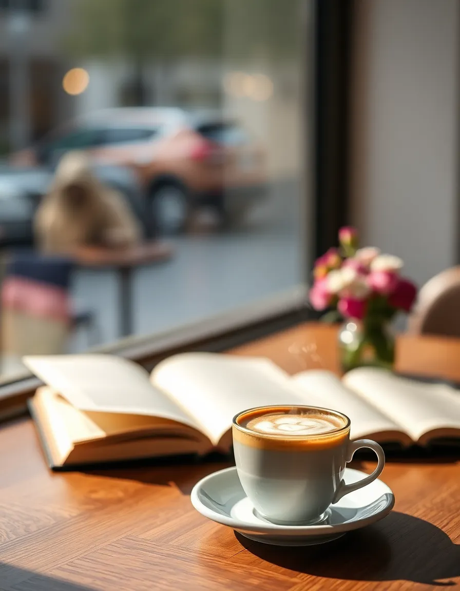In a warm and inviting cafe, a steaming cup of coffee sits next to an open book while a small vase of flowers adds a touch of charm. The soft natural light from the window creates a tranquil ambiance, perfect for relaxation. A selective focus on the cup allows the details of the coffee's rich surface to shine while the background softly melts away, enhancing the cozy atmosphere. This image embodies the perfect moment for coffee lovers.