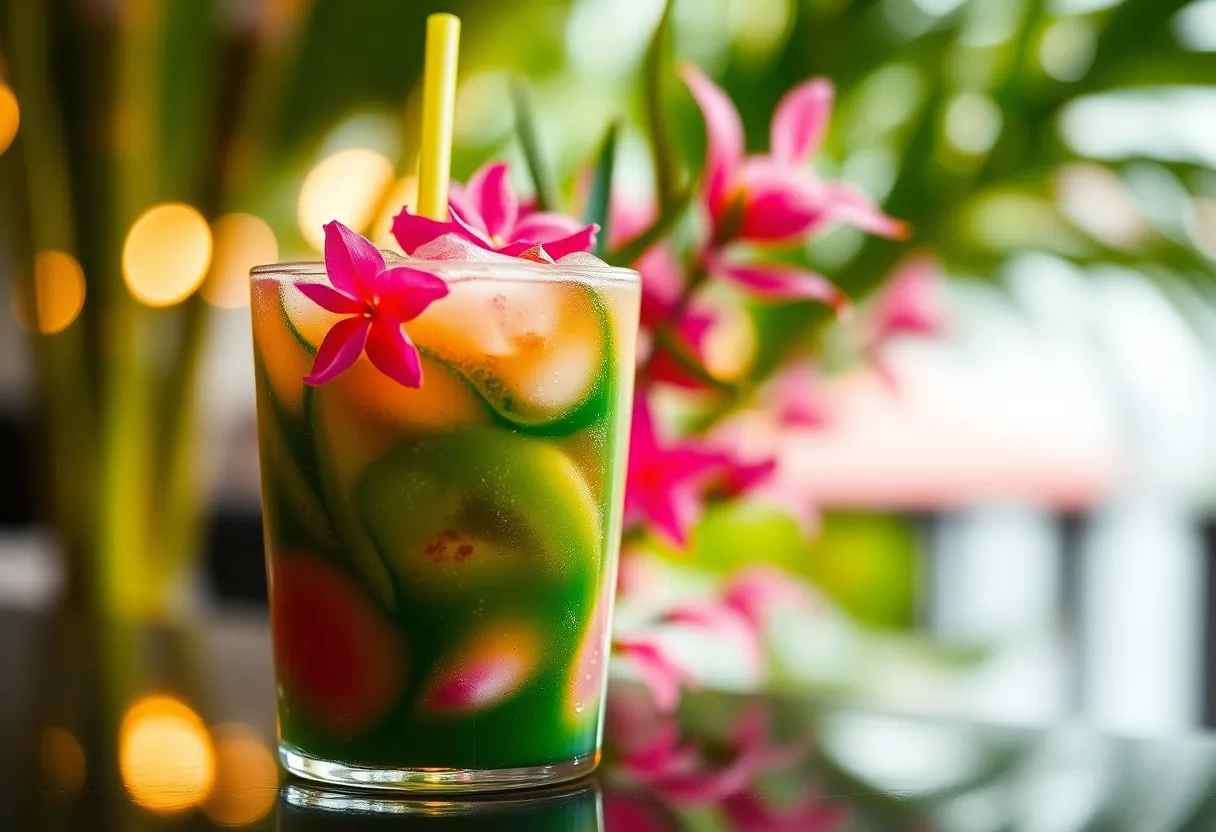A stunning tropical mocktail sparkles in an elegant glass, surrounded by lush green bamboo stalks, creating a serene tropical setting. The drink's vibrant colors pop against the soft, diffused daylight, enhancing its appeal. The selective focus highlights the intricate garnishes, including mint leaves and colorful fruit slices, while the bokeh background blurs gently, evoking a feeling of tranquility and relaxation.