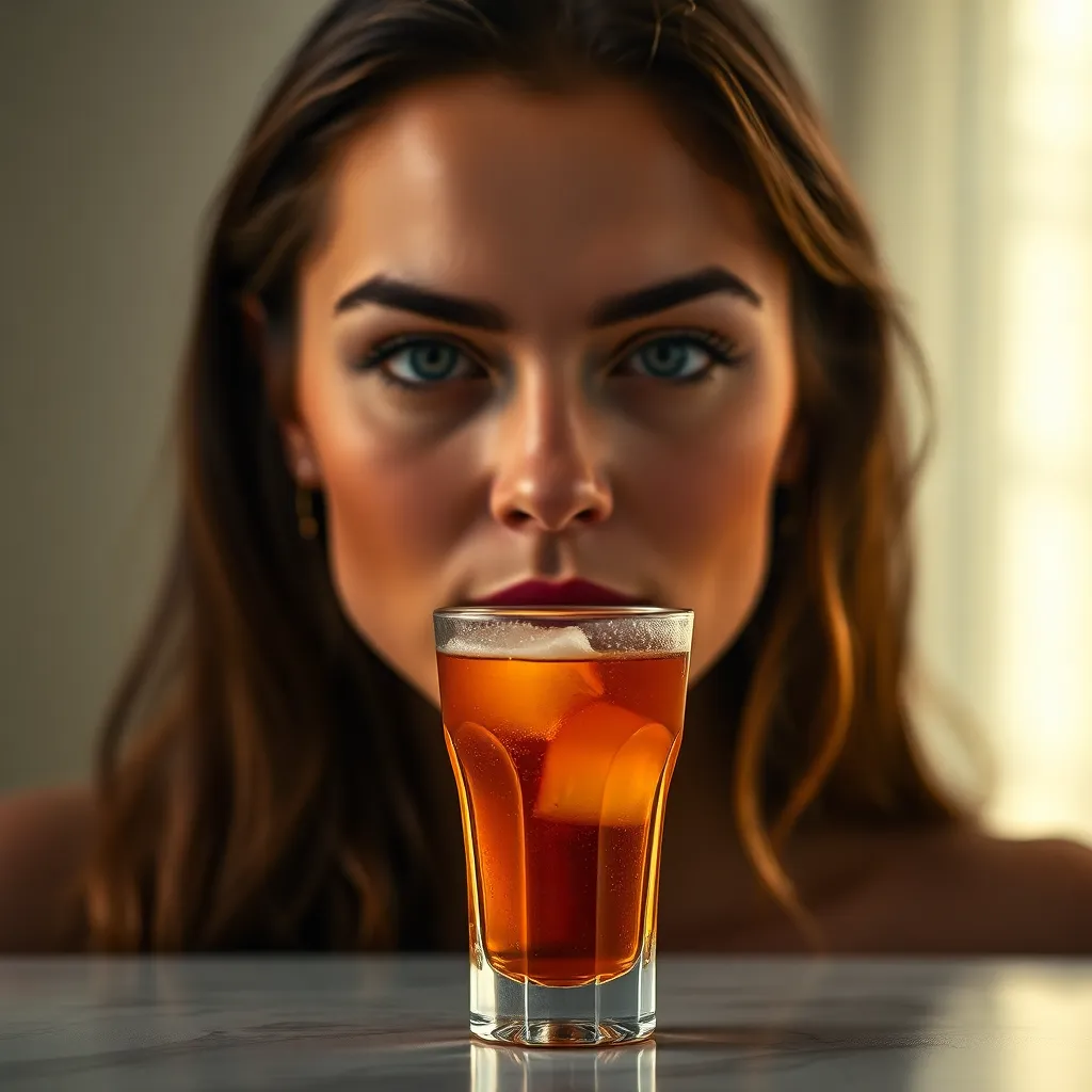 A sophisticated close-up of a glass filled with rich red wine, elegantly showcased against a simple, neutral backdrop. The intentional play of light creates dramatic highlights and soft shadows, enhancing the drink's luxurious appearance. The selectively focused glass draws the viewer’s attention, while the desaturated earth tones provide a calming atmosphere, making it suitable for fine dining or lifestyle brands.