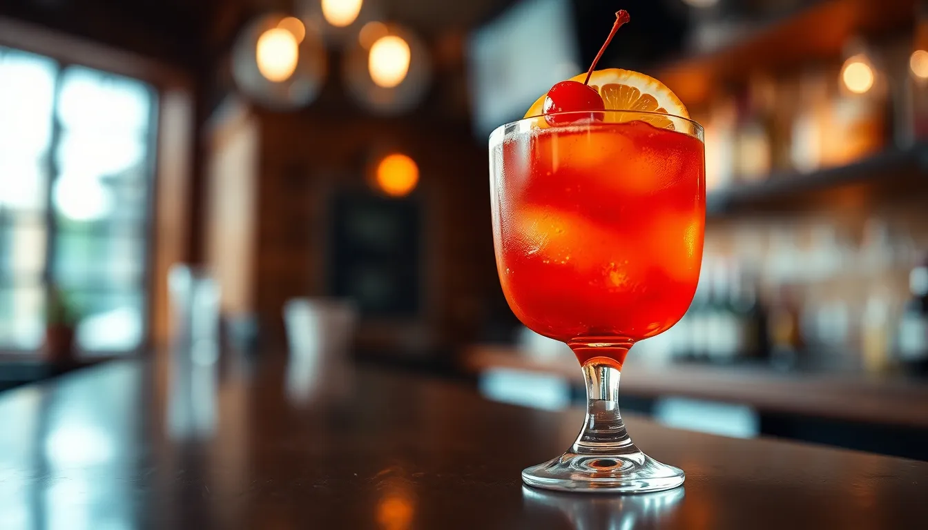 This stunning image captures a vibrant cocktail garnished with an orange slice and cherry, illuminated by soft, diffused daylight. The macro lens reveals intricate details of the drink's texture, while the blurred bar setting creates an inviting atmosphere. The natural muted tones enhance the drink's vivid colors, making it an eye-catching image suitable for bar and restaurant marketing. The composition’s leading lines draw the viewer's eye to the cocktail, accentuating its appeal.