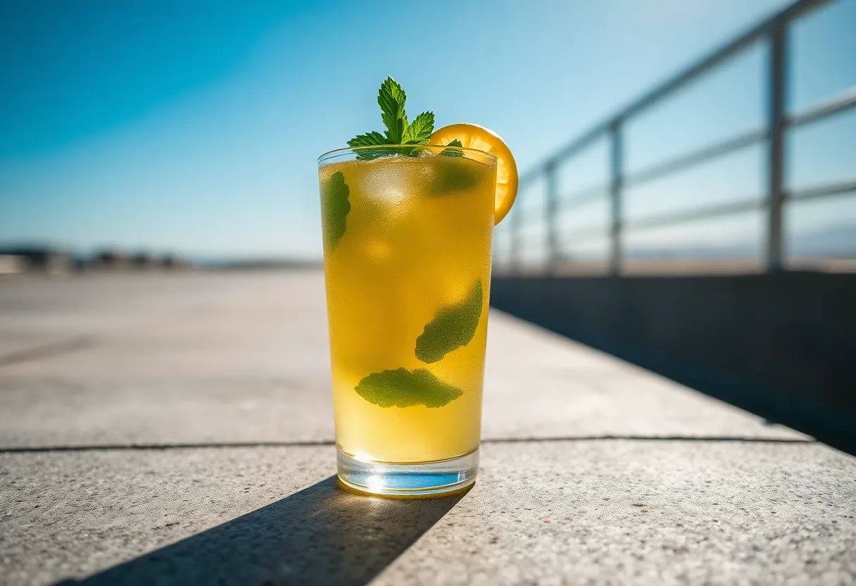 This vivid image features a chilled glass of lemonade, beautifully presented with fresh mint leaves and lemon slices. The bright midday sunlight enhances the drink's vibrant yellow hue, while the textured concrete surface adds a modern touch to the composition. The macro perspective captures every detail of the refreshing beverage, from the condensation on the glass to the intricate textures of the mint leaves. This inviting setup embodies the essence of summer refreshment and is perfect for beverage-related content.