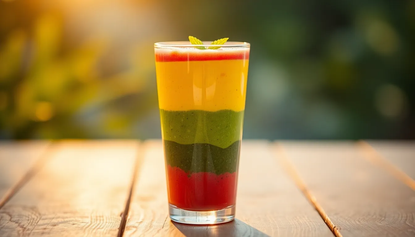 This vibrant image showcases a beautifully layered smoothie drink captured during the warm golden hour. Each layer reveals rich colors of red, yellow, and green, beautifully highlighted by the soft rim light. The smooth glasses stand out against the textured wooden table, creating a warm, inviting atmosphere. The shallow depth of field draws attention to the drink, making it perfect for health and wellness promotions.