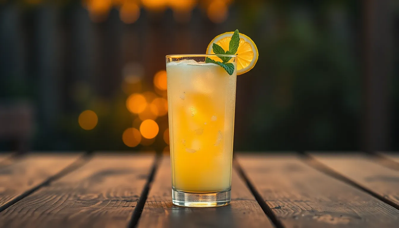 Refreshingly Cold Lemonade in Golden Hour A vibrant glass of lemonade is beautifully illuminated by warm golden hour light. The drink, garnished with fresh mint and a lemon slice, captures the essence of summer. The shallow depth of field emphasizes the glass while the rustic wooden table adds warmth and texture to the scene. This image evokes feelings of relaxation and refreshment, perfect for summer promotions.