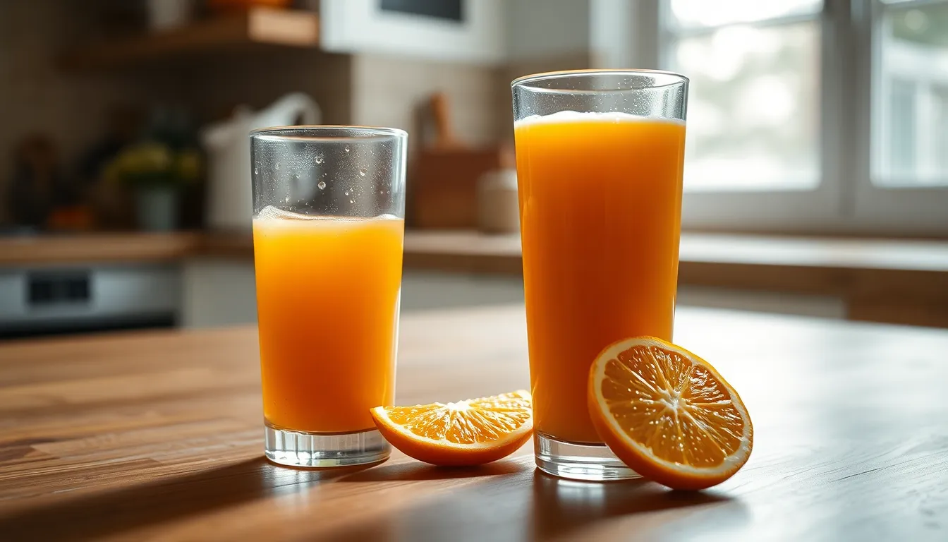 A refreshing glass of freshly squeezed orange juice sits on a rustic wooden table, illuminated by soft, diffused daylight from an overcast sky. The condensation on the glass highlights its coldness, providing a vivid contrast with the warm, earthy tones of the setting. The composition draws the eye through the glass, creating a pleasing visual balance, perfect for capturing the essence of a bright, healthy morning.