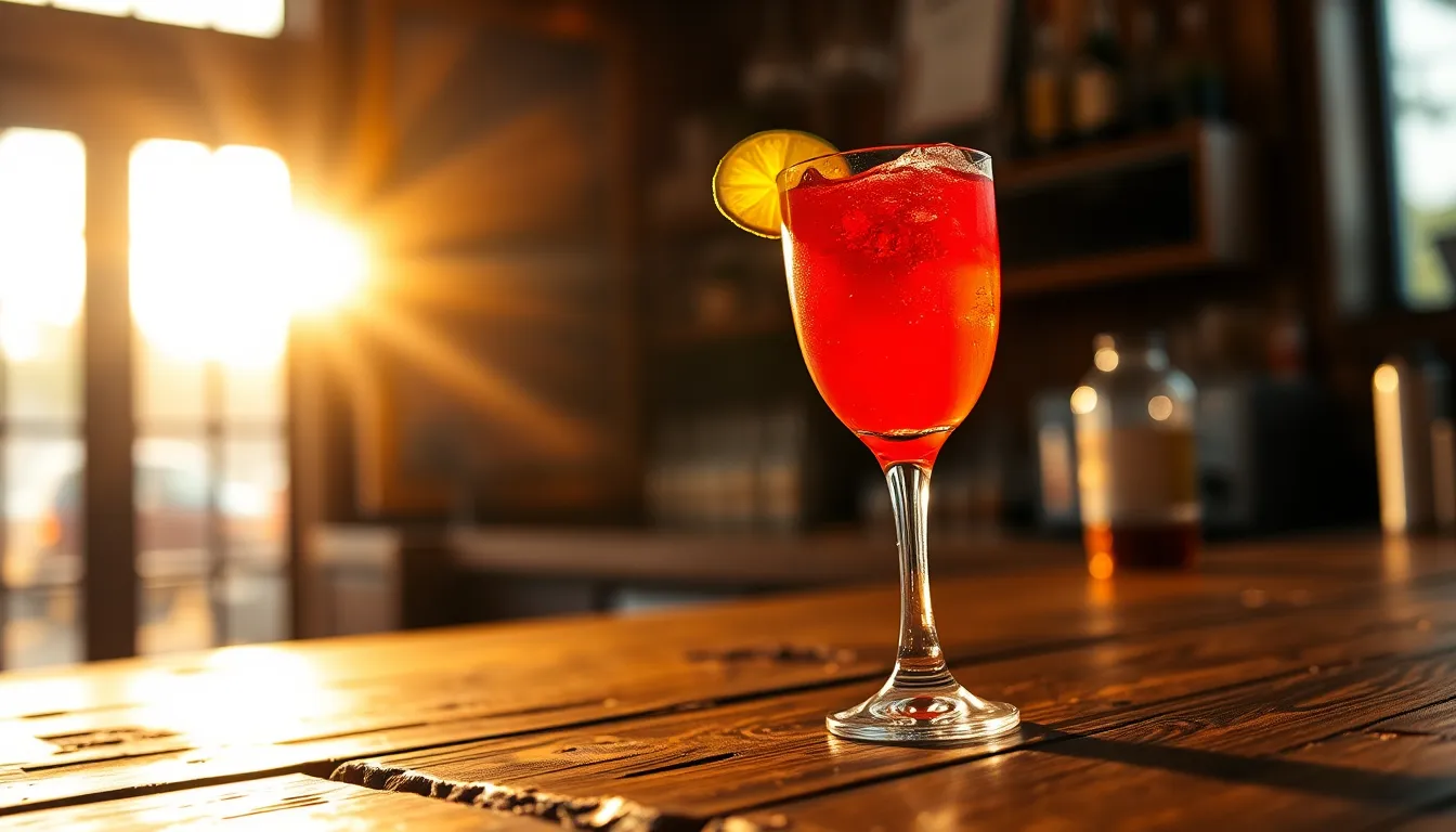 This striking image features a beautifully garnished cocktail resting on a textured wooden bar top, illuminated by warm golden hour sunlight. The vivid colors of the drink contrast against the rustic backdrop, enhancing the inviting atmosphere of a cozy bar. A shallow depth of field draws attention to the cocktail while soft bokeh blurs the surroundings, creating a sense of intimacy. The harmonious blend of lighting, texture, and composition evokes a relaxed yet vibrant mood, perfect for showcasing in food and drink contexts.