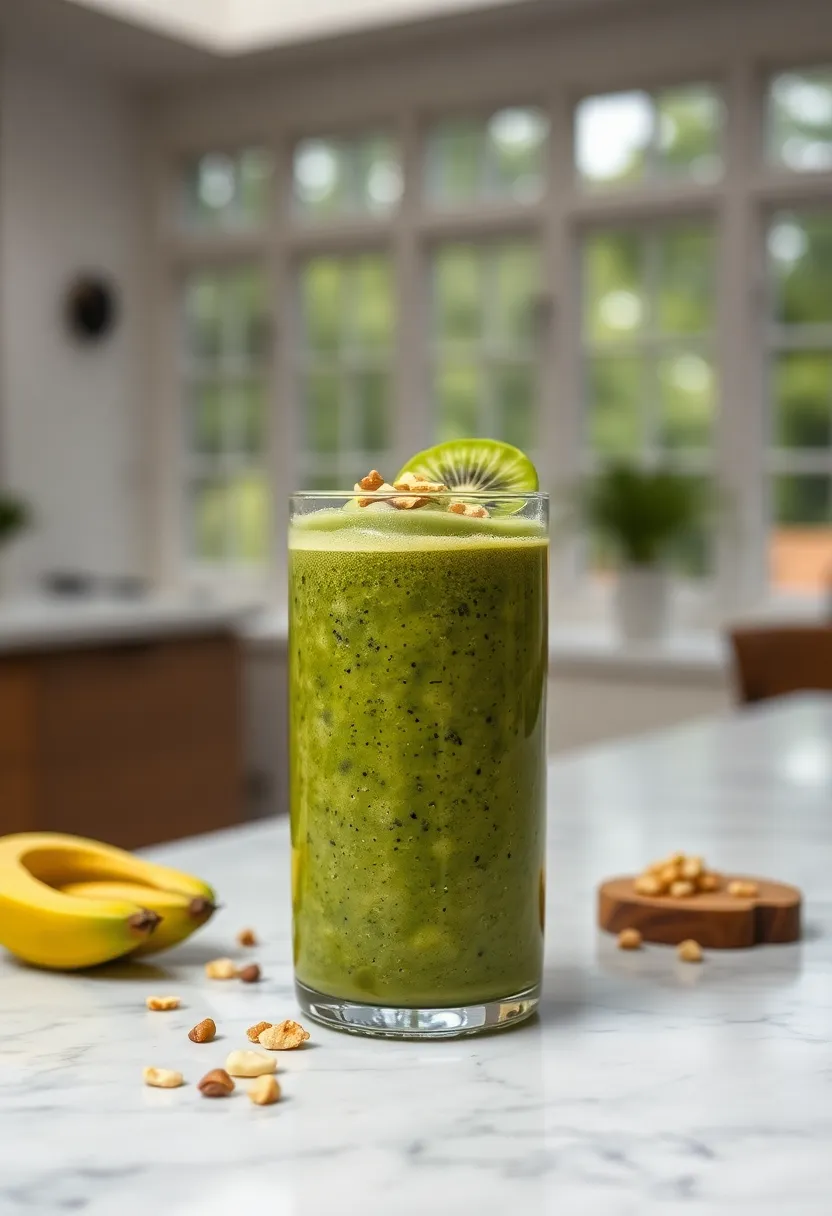 This creamy green smoothie is beautifully presented in a glass jar, placed on a sleek marble countertop. Captured in soft, diffused daylight, the overcast lighting enhances the naturally muted tones of the ingredients. The shallow depth of field draws attention to the vibrant colors and textures, topped with kiwi slices and crunchy nuts for added appeal.