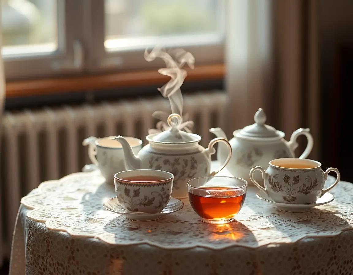 This serene image showcases an elegantly arranged tea set resting on a delicate lace tablecloth, with soft steam rising from the teapot. The warm, natural light filtering through a nearby window enhances the earthy tones of the tea and brings out the intricate details of the porcelain. The shallow depth of field creates a dreamy effect, drawing attention to the exquisite setup. This tranquil scene evokes feelings of relaxation and sophistication, perfect for lifestyle or tea-related content.