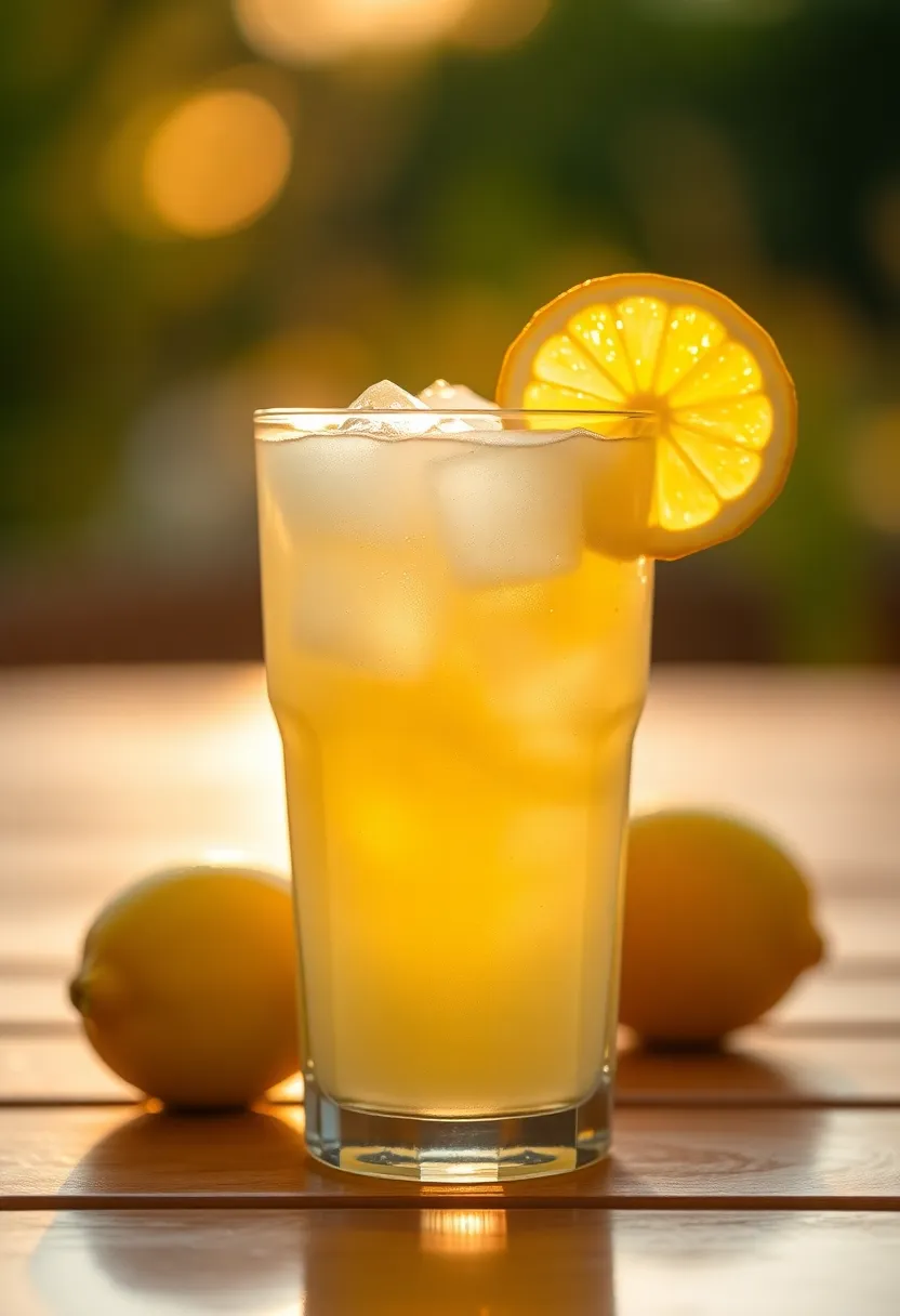 This image features a bright and refreshing glass of lemonade, glistening with condensation. The golden hour light creates a warm glow around the drink, highlighting the vibrant colors and the ice cubes inside. The composition captures the essence of summer, making it an inviting choice for those looking to quench their thirst on a hot day. The shallow depth of field enhances focus on the lemonade, creating an appealing bokeh.