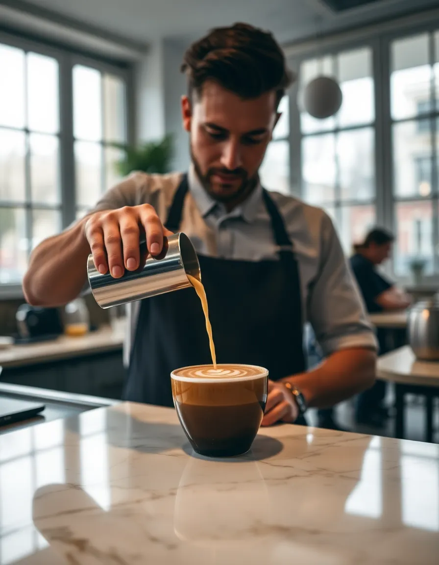 This captivating image captures a skilled barista pouring latte art into a cup, surrounded by a polished marble countertop in a cozy café setting. Soft overcast light provides even illumination, enhancing the warm browns and creamy whites of the drink and surroundings. The shallow depth of field draws focus to the mesmerizing latte art, creating an inviting atmosphere, perfect for café promotions or coffee-related content.