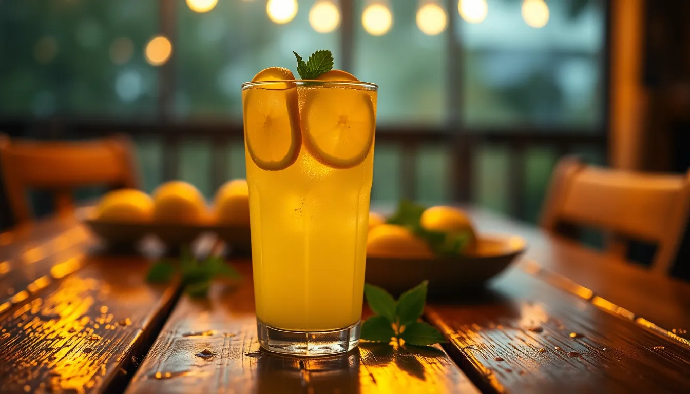 This image features a refreshing glass of lemonade, filled with ice and garnished with lemon slices and mint leaves, set on a rustic wooden table. Captured during a rainy afternoon, the warm tungsten light creates a cozy atmosphere with reflections on the wet surface. The vibrant yellow lemonade contrasts beautifully with the deep tones of the wood, while the shallow depth of field ensures the focus remains on the drink. Ideal for food and beverage promotions, this image embodies freshness and comfort.