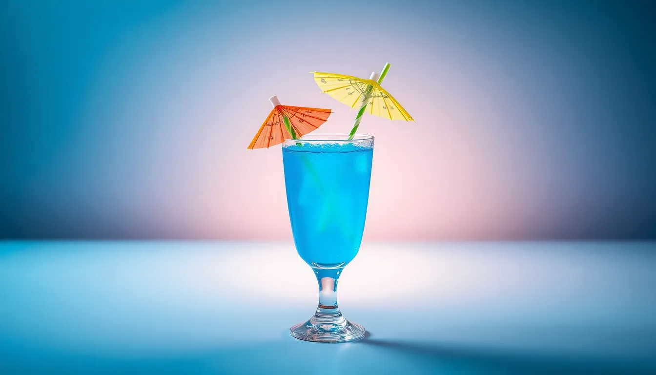 A striking blue cocktail commands attention in a well-lit studio setup, with studio lighting artfully highlighting the drink's glossy finish. The vibrant colors pop against a soft background, drawing the viewer's gaze directly to the cocktail. Decorative elements like a small umbrella and colorful straws add a playful touch, making it perfect for summer promotions. The centered composition presents the drink in all its glory, ideal for social media engagement.