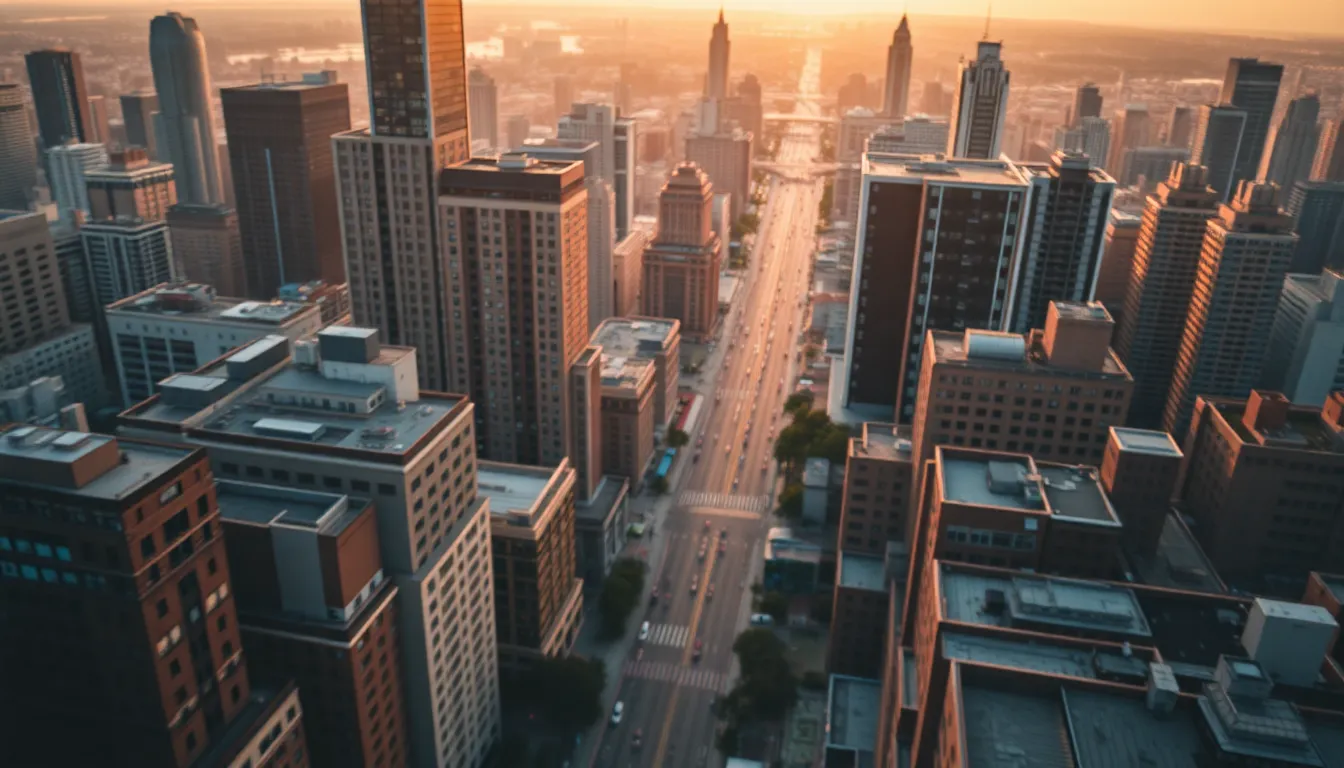 Stunning Sunset Aerial View of Cityscape Experience the beauty of a bustling city at sunset from an aerial perspective. This image captures warm golden hues reflecting off skyscrapers, creating a serene atmosphere. With streets converging toward the horizon, the composition emphasizes the dynamic nature of urban life. The intricate details of the buildings and soft textures enhance the visual appeal, inviting viewers into the scene.