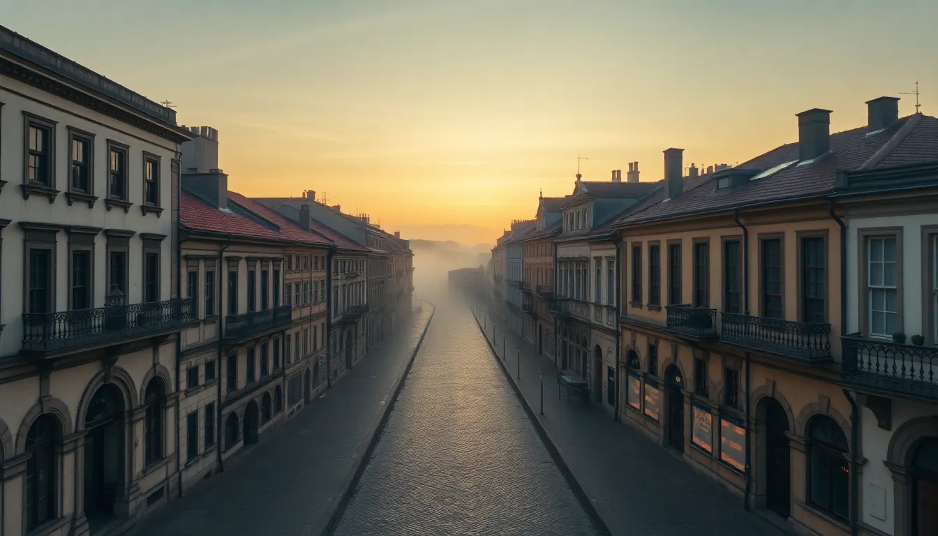 This enchanting drone photograph captures a historical city center at dawn. Soft light creates an atmosphere of tranquility, complemented by rising mist over cobblestones. Selective focus emphasizes the intricate architectural details while the background gently blurs into a soft bokeh. The muted earth tones provide a nostalgic quality, and the symmetrical composition highlights the charm of timeless architecture.