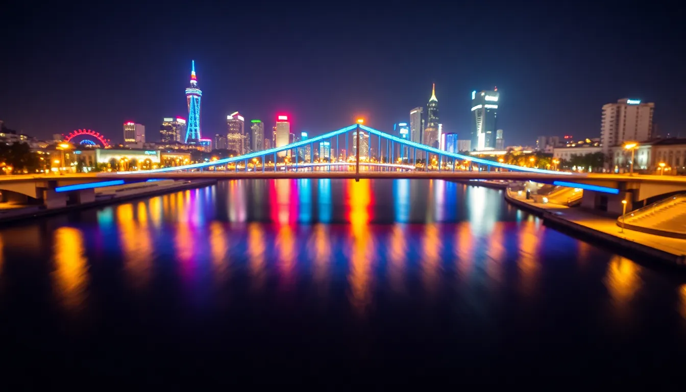 Illuminated City Bridge at Night This captivating aerial image showcases a beautifully illuminated city bridge at night, stretching gracefully over a calm river. Vibrant colors from streetlamps and LED lights reflect in the water, creating a warm and inviting mood. With a shallow depth of field, the focus is on the bridge while the softly blurred skyline adds depth. The symmetrical composition draws the eye into the heart of the urban landscape.