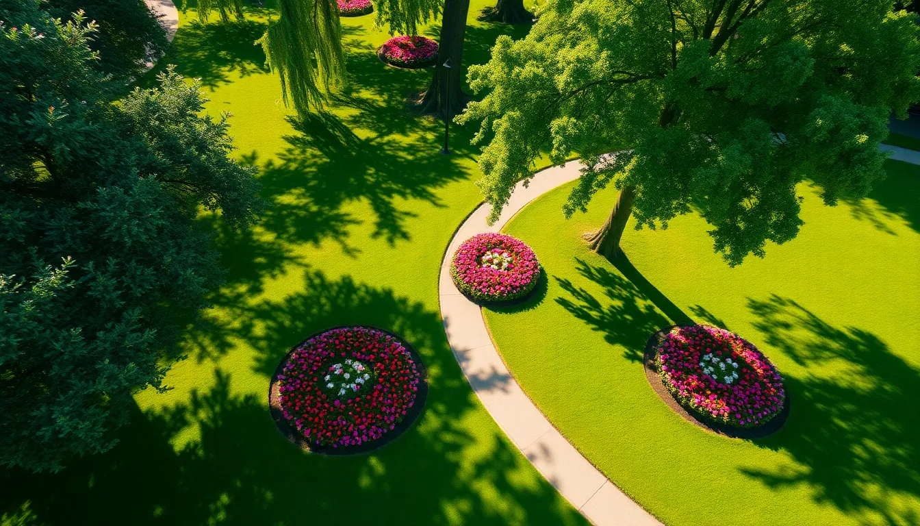 This vibrant aerial image captures the beauty of a lush city park during the afternoon. Sunlight filters through the trees, creating playful shadows that dance across the manicured lawns. The rich greens and colorful flower beds bring the scene to life, evoking a sense of joy and tranquility. The composition emphasizes the winding pathways, inviting viewers to explore the heart of this urban oasis and appreciate the harmony between nature and city life.