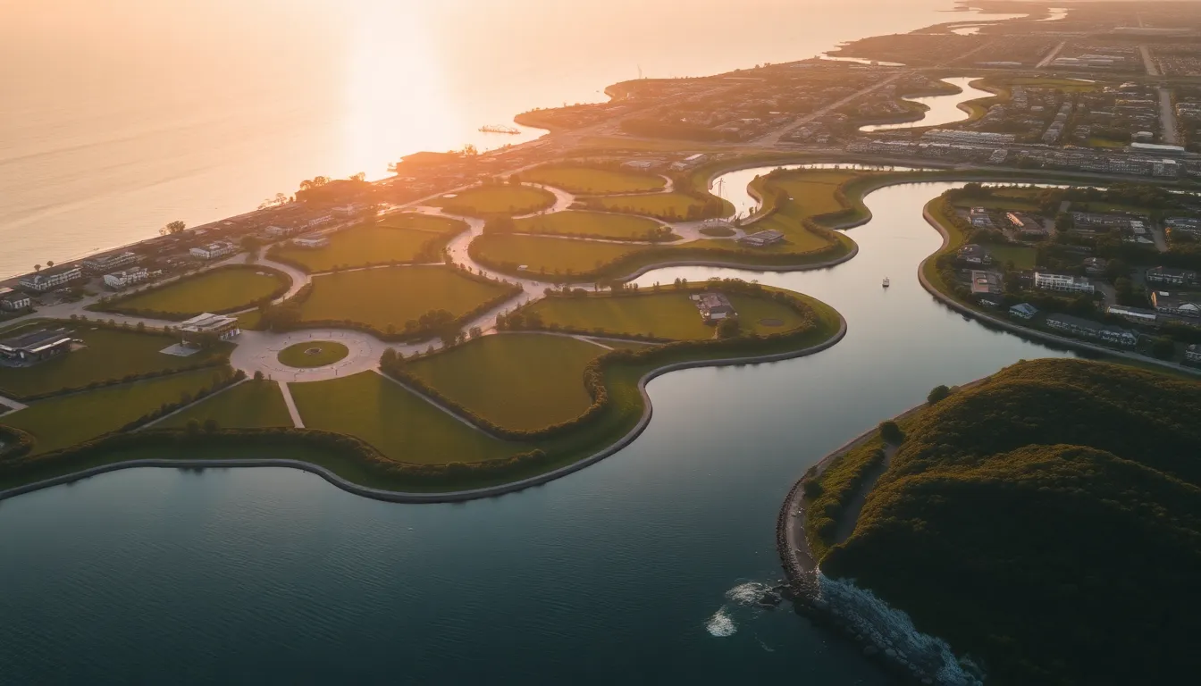 Peaceful Coastal City at Sunrise Capture the tranquility of a coastal city waking up at sunrise in this serene aerial image. Lush green parks and winding waterways come alive in soft morning light, creating a picturesque landscape. The balanced composition and natural color palette evoke a sense of peace, inviting viewers to experience the beauty of this urban oasis. From the coastline to the greenery, every detail showcases the harmonious blend of nature and city.