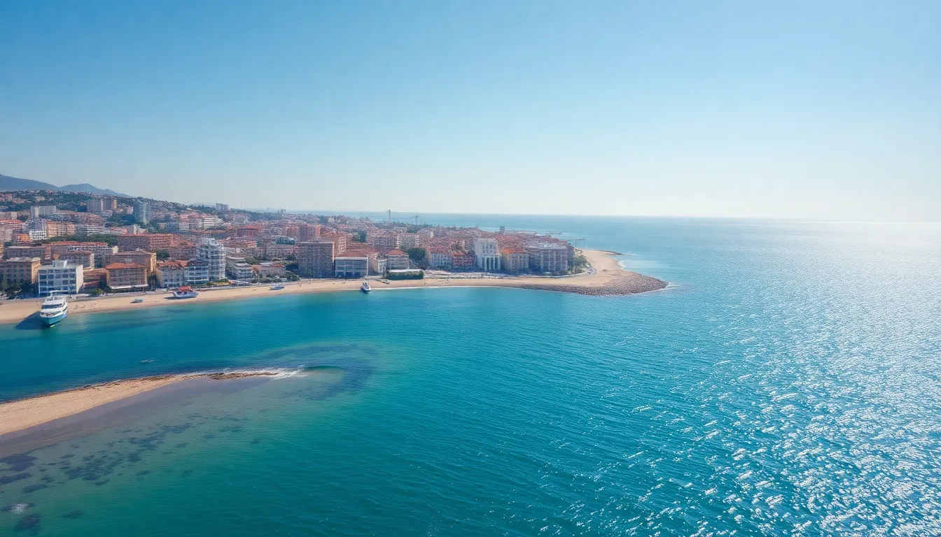 This serene aerial image depicts a stunning coastal city bathed in the soft light of early morning. The turquoise waters glisten under the gentle sun, contrasting beautifully with the pastel hues of the buildings. The complete focus captures every detail, from the sandy shores to the vibrant architecture, emphasizing the harmonious blend of urban and natural environments. With a thoughtfully composed perspective, this image invites viewers to experience the tranquility of coastal living.