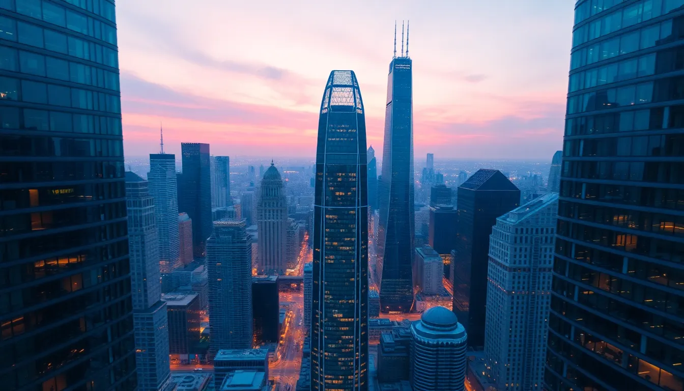 Futuristic City Skyline at Dusk This stunning aerial perspective captures a futuristic city at dusk, showcasing a skyline filled with contemporary skyscrapers. The ambient twilight light transitions from blue to deep purple, enhancing the urban landscape's dramatic feel. With a centered symmetrical composition and shallow depth of field focusing on architectural details, the image highlights the intricate textures of glass and steel against the twilight ambiance.