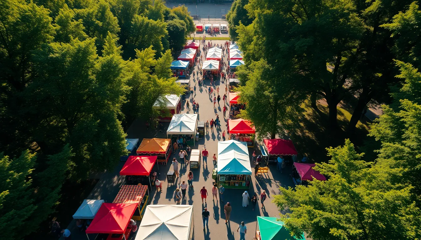 Aerial View of Summer Festival in City Park This lively aerial view captures the essence of a vibrant summer festival held in a city park. Colorful tents and joyful attendees populate the scene, creating a dynamic visual experience. Bright midday lighting enhances the festive atmosphere, casting distinct shadows that add depth. The vivid color palette brings the scene to life, emphasizing the greenery and activity of those enjoying the event. The organized layout of festival elements reflects the excitement and community spirit of the occasion.
