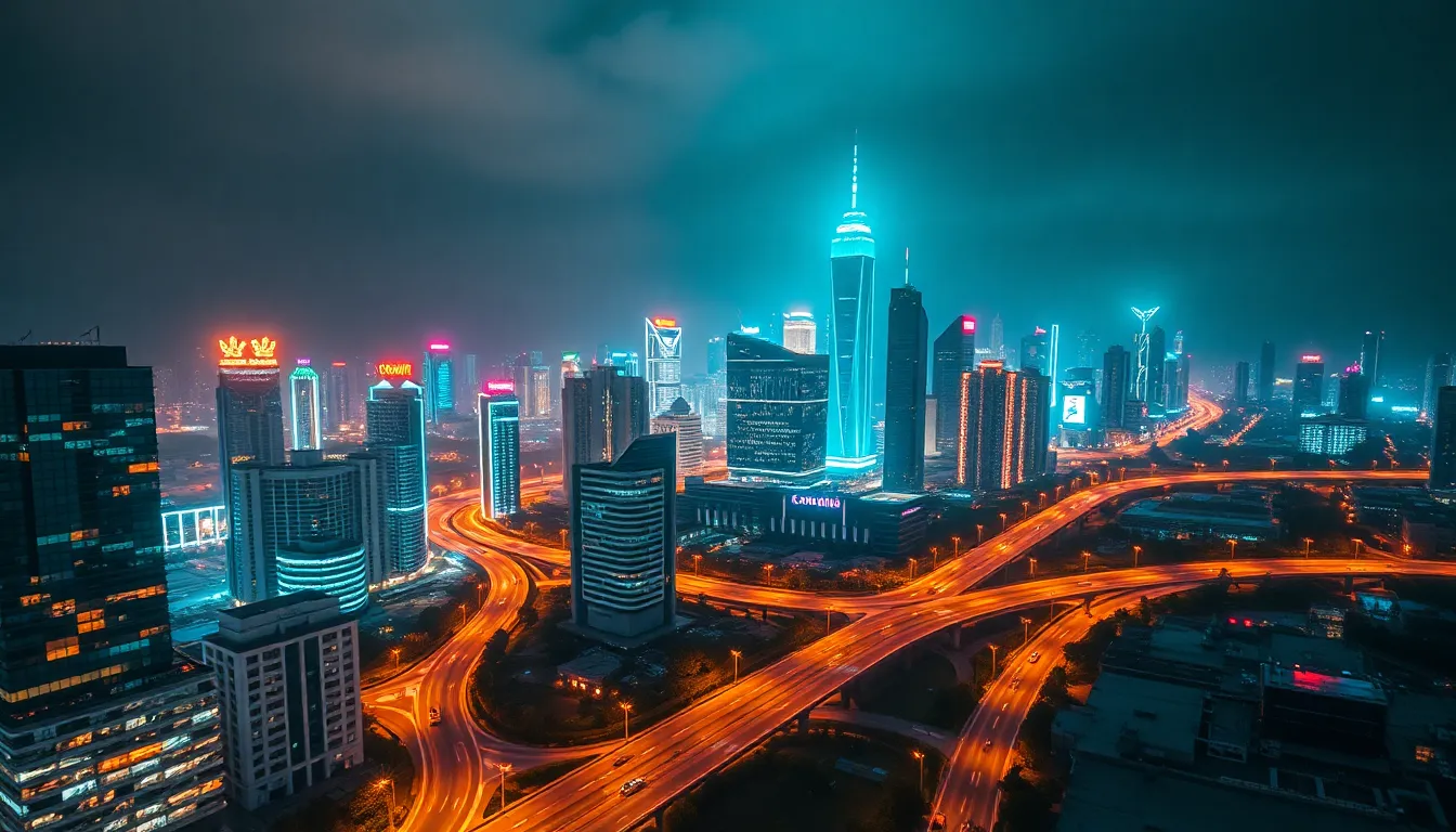 This stunning aerial view showcases a futuristic city skyline at night, bursting with neon lights and vibrant energy. The dramatic reflections enhance the architecture, while the cinematic teal and orange color grading adds intensity to the scene. Captured in a dynamic asymmetrical composition, the leading lines formed by roads guide the viewer's eye through the urban landscape.