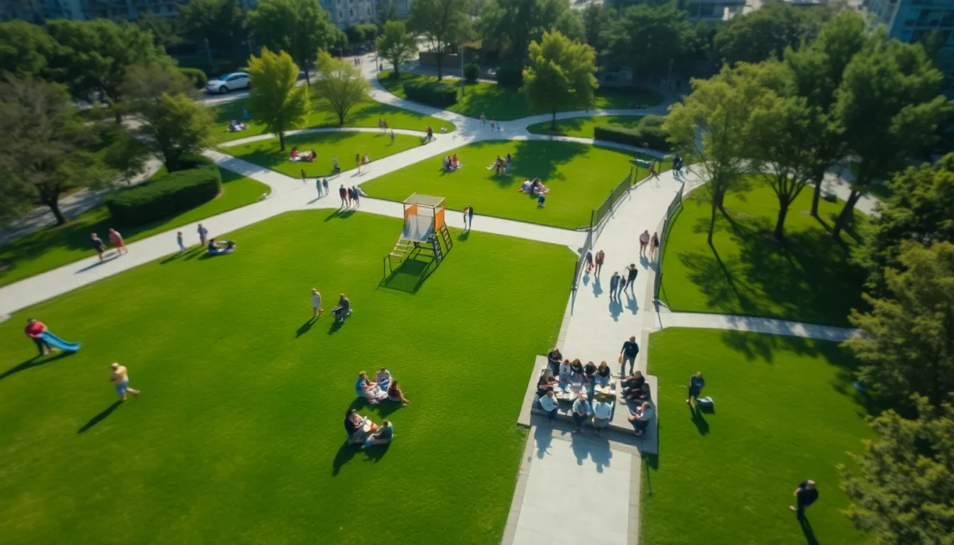 Experience the vibrance of a modern urban park bustling with life in this aerial shot. Captured at midday, the image showcases lush green lawns and active playgrounds, illuminated by bright sunlight that enhances the colors and casts dynamic shadows. The focus is drawn to a lively picnic group in the foreground, while the surrounding pathways create natural leading lines throughout the composition. This lively atmosphere makes it perfect for lifestyle and community-related themes.