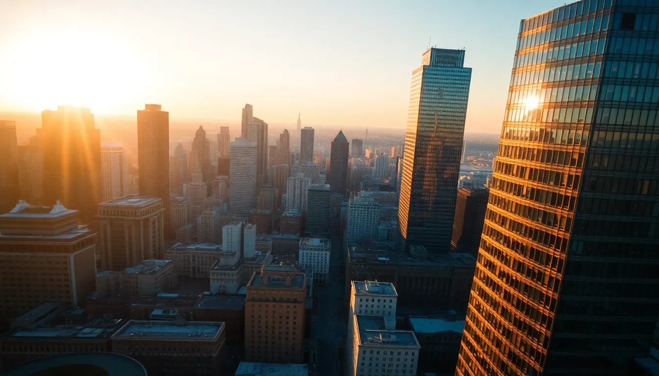 Golden Hour Urban Landscape Aerial A breathtaking aerial view of a city during golden hour, where sunlight bathes skyscrapers in warm hues. The image captures the vibrancy of urban life, with the bustling streets below and reflections dancing on glass facades. A shallow depth of field enhances the foreground details while blurring the cityscape into a serene backdrop. The warm oranges and cool blues create a captivating contrast, drawing the viewer into this dynamic urban environment.