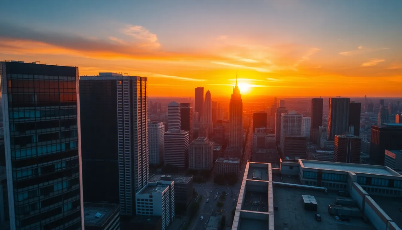 Aerial Cityscape at Sunset