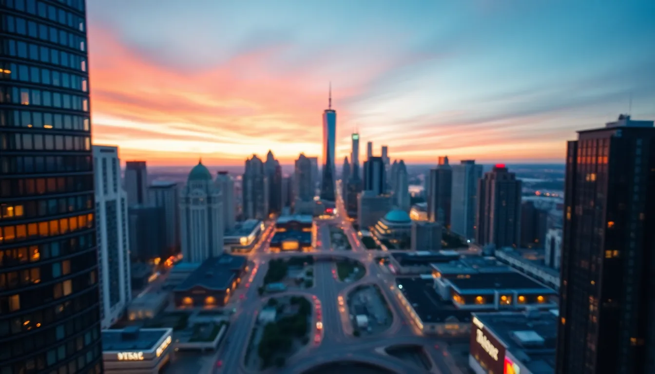 This stunning aerial image captures a vibrant cityscape at dusk, showcasing modern skyscrapers illuminated by reflections of the sunset. The warm tones of pink and orange contrast beautifully with the deep blue sky, creating a picturesque evening atmosphere. The composition centers on the dynamic skyline, while the foreground is blurred to enhance depth. The twinkling city lights add a sense of life and vibrancy, making this image perfect for urban-themed projects.