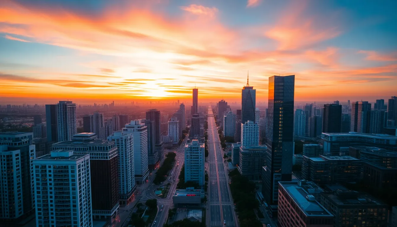 This stunning aerial view captures the vibrant energy of a city at dusk. The skyline reveals a blend of modern architecture, glowing with the warm hues of sunset and city lights. Roads weave through the urban landscape, drawing the viewer's eye toward the distant horizon. The contrasting colors create a dynamic atmosphere, perfect for showcasing urban beauty.