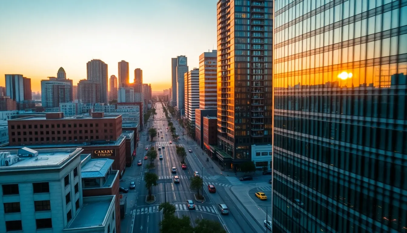 This stunning aerial image captures a vibrant city district at sunset, showcasing the interplay of warm and cool tones. The golden hour light enhances the glass buildings, creating a captivating reflection on the streets below. Leading lines from the roads guide the viewer's gaze toward the skyline, enveloped in a breathtaking sunset. The mixture of textures, from smooth glass to rugged concrete, adds depth to the urban landscape, evoking the energy of city life.