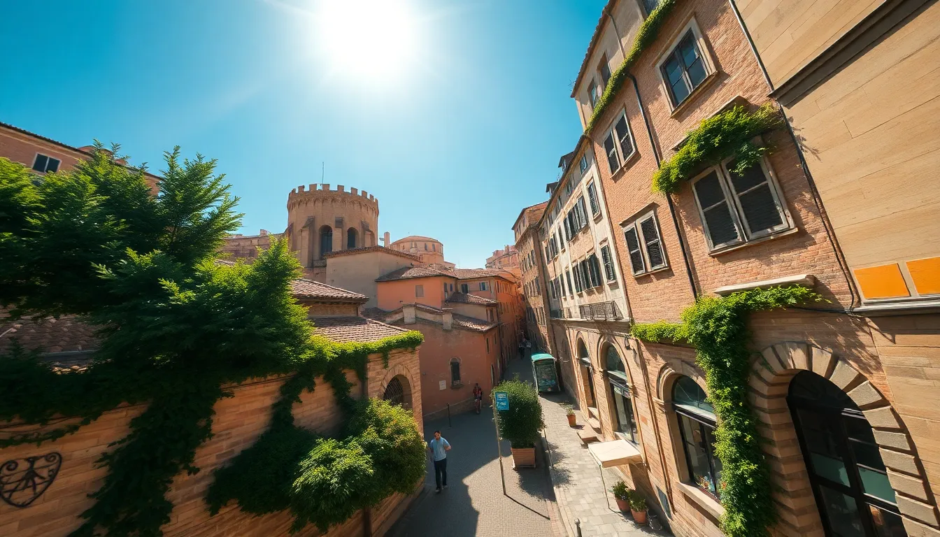 This captivating aerial view captures the charm of a historic city center under a sunny afternoon sky. Cobblestone streets and ancient buildings form a beautiful contrast against the verdant greenery dotting the landscape. The bright sunlight enhances the colors and details of the architecture, while the hyperfocal depth of field ensures clarity throughout the image. Leading lines from the streets invite viewers to explore the rich history and vibrant atmosphere of the city.