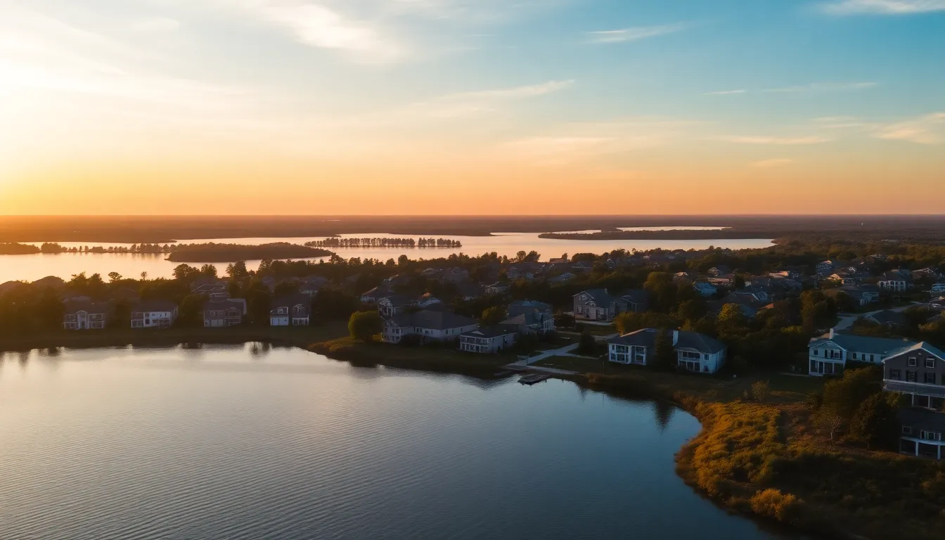 This stunning aerial view captures a picturesque lakeside community at sunrise, enveloped in warm pastel colors. The golden hour lighting creates a magical interplay of warmth and tranquility, reflecting beautifully on the calm lake. Hyperfocal clarity brings every detail into focus, while the community is artfully composed in accordance with the rule of thirds. This serene scene is perfect for showcasing the beauty of waterfront living.