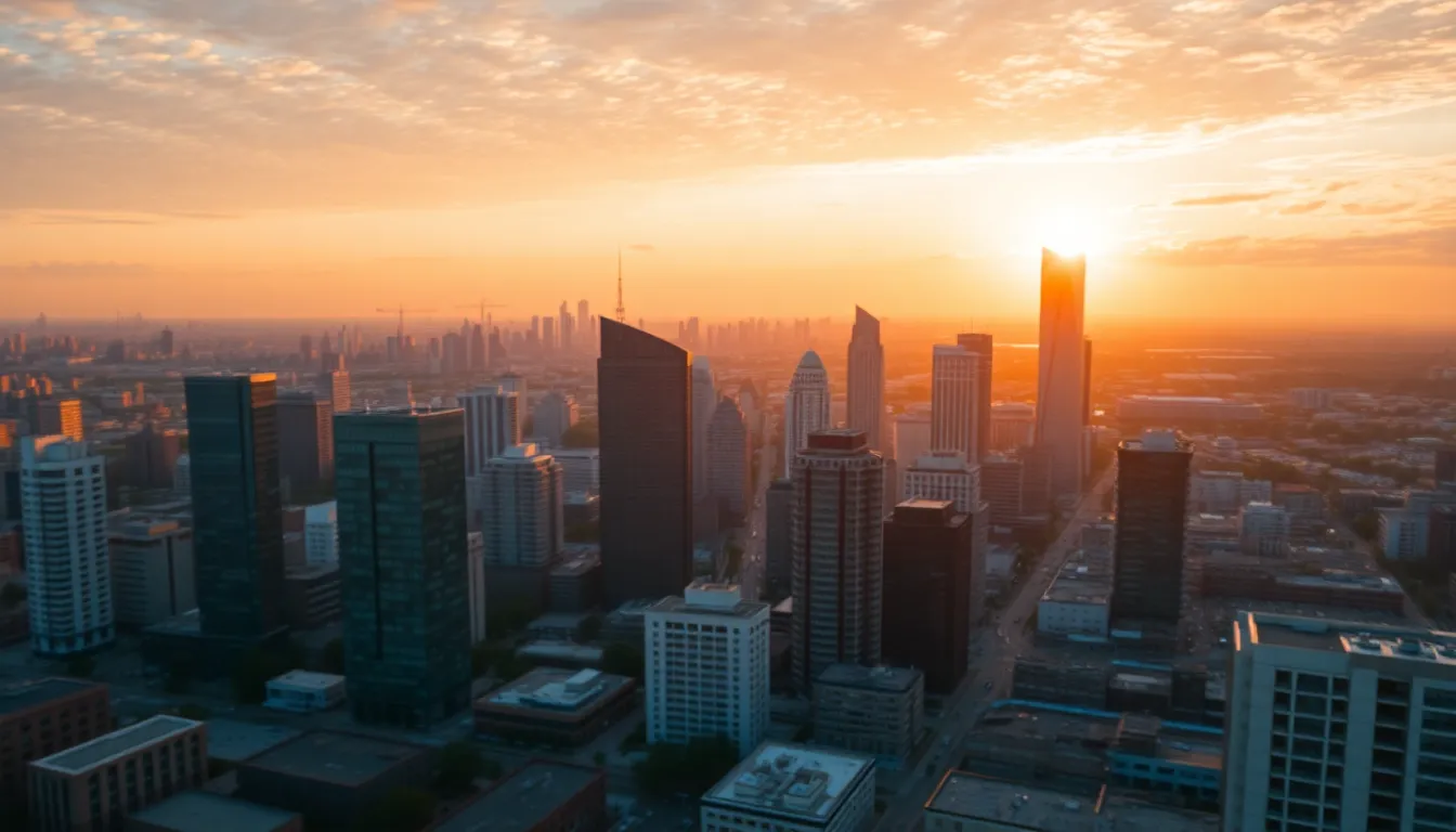 Stunning Urban Sunset Over City Skyline This breathtaking aerial view captures a vibrant urban sunset, showcasing a bustling downtown skyline illuminated by warm hues. The image features stunning reflections off glass buildings and the structured layout of the city streets, all complemented by soft bokeh in the foreground. The warm golden hour lighting bathes the scene in rich oranges and pinks, creating an inviting and dynamic atmosphere.