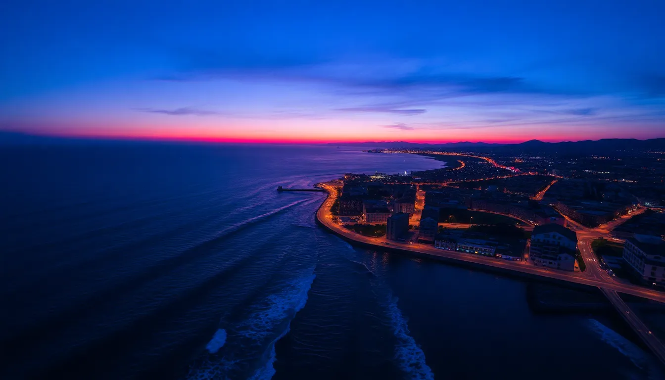 This breathtaking aerial image captures a coastal city at twilight, with a captivating gradient of deep blue and rich purple in the sky. City lights begin to shimmer along the waterfront, creating a stunning ambiance. The hyperfocal depth of field maintains clarity from the waves in the foreground to the distant skyline. Enhanced by cinematic teal and orange tones, the image's leading lines invite viewers to explore the picturesque scene.