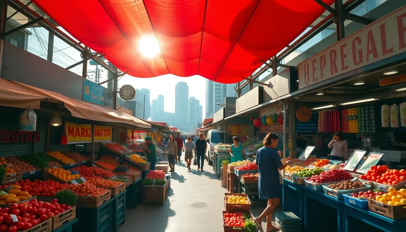 This lively aerial shot showcases a bustling city market filled with colorful produce stalls. Illuminated by bright afternoon sunlight, vivid reds and greens provide an energetic vibe. The hyperfocal depth of field captures the action from vendors to the cityscape behind, creating a sense of depth. The composition skillfully employs the rule of thirds to highlight the market’s vibrancy set against the urban environment.