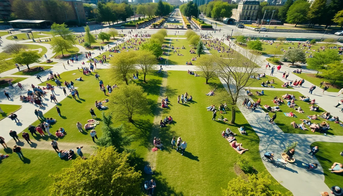 Vibrant Urban Park Full of Life This engaging aerial photograph captures the joy and vibrancy of an urban park bustling with families and friends. Taken on a sunny day, the bright midday light enhances the lively colors and details of the scene, creating a sense of community and togetherness. Leading lines of pathways direct viewers' attention towards various gatherings, showcasing the park as a hub of activity.