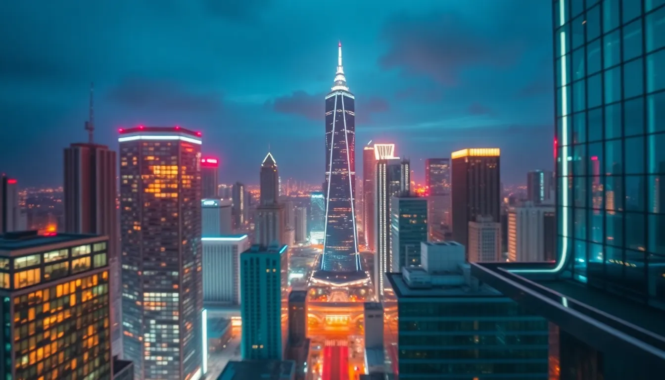 Futuristic City Skyline at Blue Hour Dive into the vibrant heart of a futuristic city captured during the enchanting blue hour. Neon lights reflect off glass and metal facades, creating a stunning contrast against the twilight sky. This image showcases intricate urban textures and architectural details, framed symmetrically for maximum impact. The cinematic color grading further elevates the mood, immersing viewers in the energetic urban atmosphere.