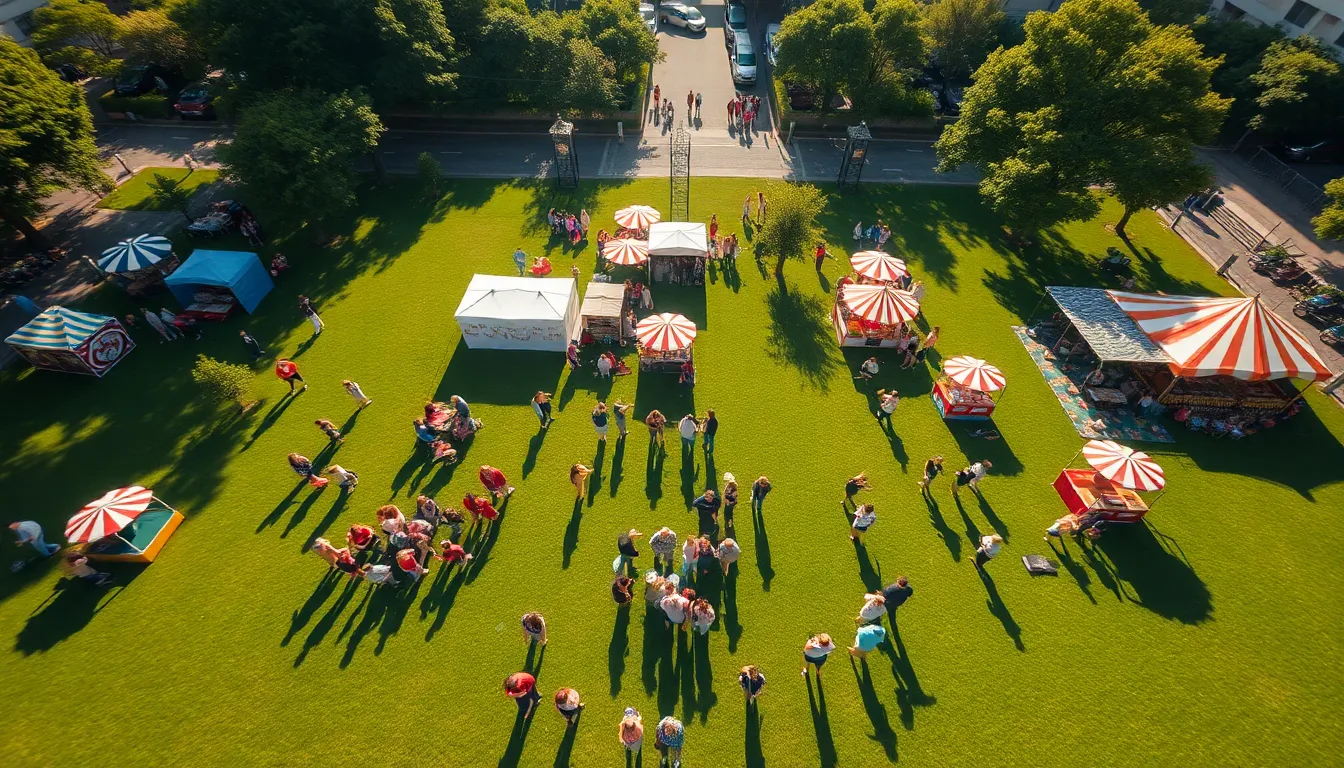 This exhilarating aerial photograph captures a vibrant summer festival in an urban park. Warm midday sun creates playful light patterns, enhancing the festive atmosphere. Shallow depth of field draws attention to clusters of joyful attendees and colorful decorations, while the bright color palette radiates summer energy. The symmetrical composition effectively highlights the park’s layout, showcasing community spirit and celebration.