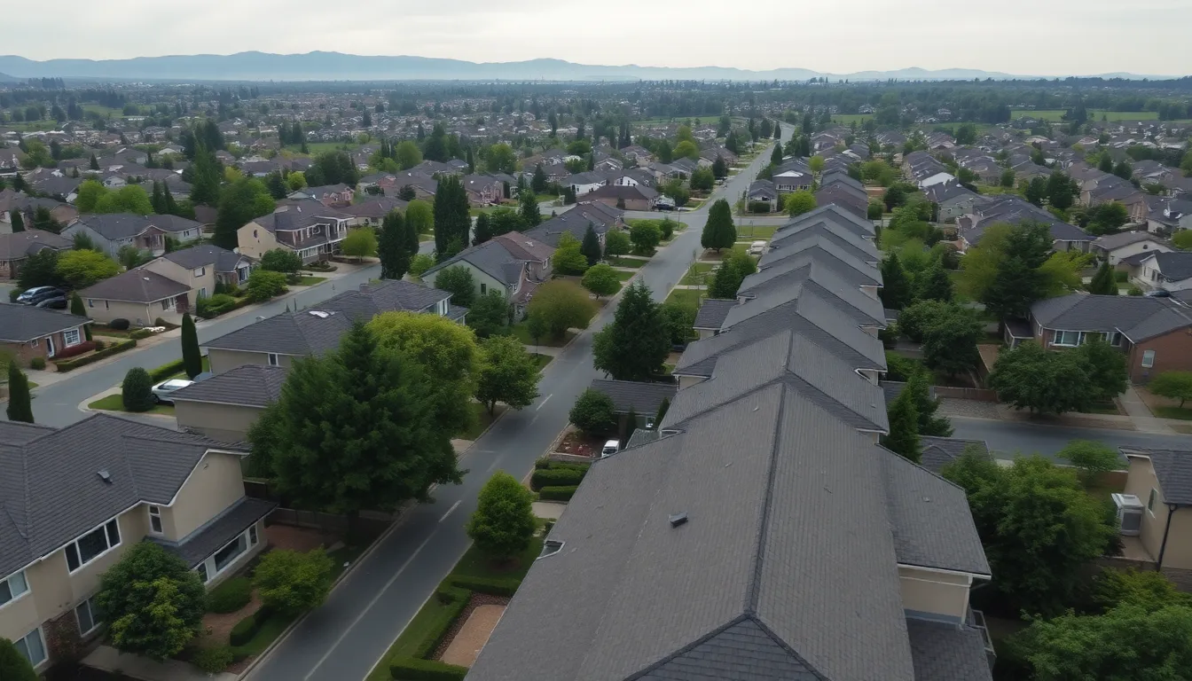 Aerial View of Suburban Neighborhood at Dawn This serene aerial image depicts a sprawling suburban neighborhood just as dawn breaks. The overcast sky provides a soft, diffused light that enhances the calming color palette of muted greens and blues. The composition thoughtfully centers on the peaceful layout of homes, with tree-lined streets and manicured lawns that reflect the tranquility of early morning life. Capturing the essence of community and calm, this image beautifully illustrates the charm of suburban living.