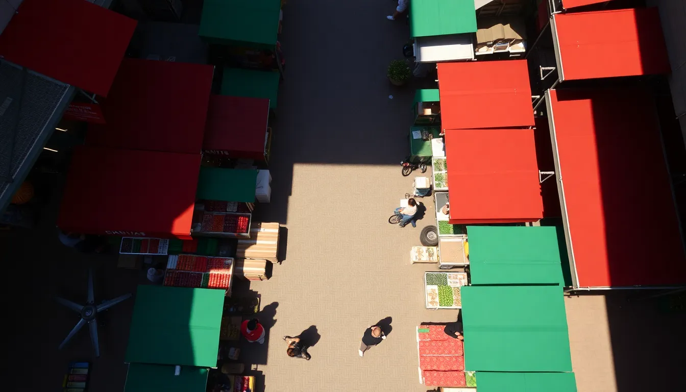 Vibrant Aerial View of City Market Bustling with Activity