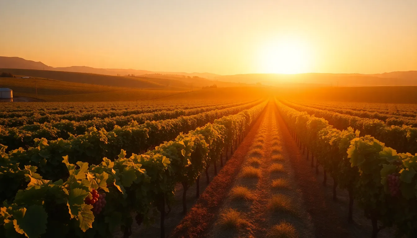This enchanting aerial photograph showcases a sprawling vineyard landscape at the peak of harvest. Soft, golden hour light envelops the rows of grapevines, revealing their rich textures and abundant fruits. The image captures the breathtaking depth of the scene, emphasizing both the foreground vines and the distant hills, all in sharp focus. The muted tones harmonize beautifully with the earthy colors of the landscape, delivering a serene and picturesque view that embodies the spirit of the harvest.