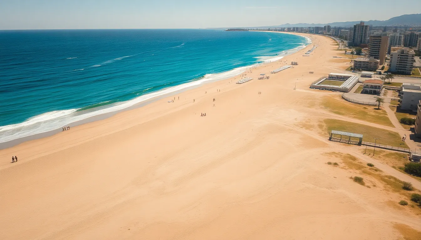 This dynamic aerial view captures a coastal city with a vibrant beach, where the sunbathed sandy shore contrasts beautifully with the deep blue ocean water. The bright midday sun casts sharp shadows, enhancing the visual depth of the scene. The composition features leading lines of the shore, guiding the gaze towards the lively city, with visible textures of sand and cheerful beachgoers.