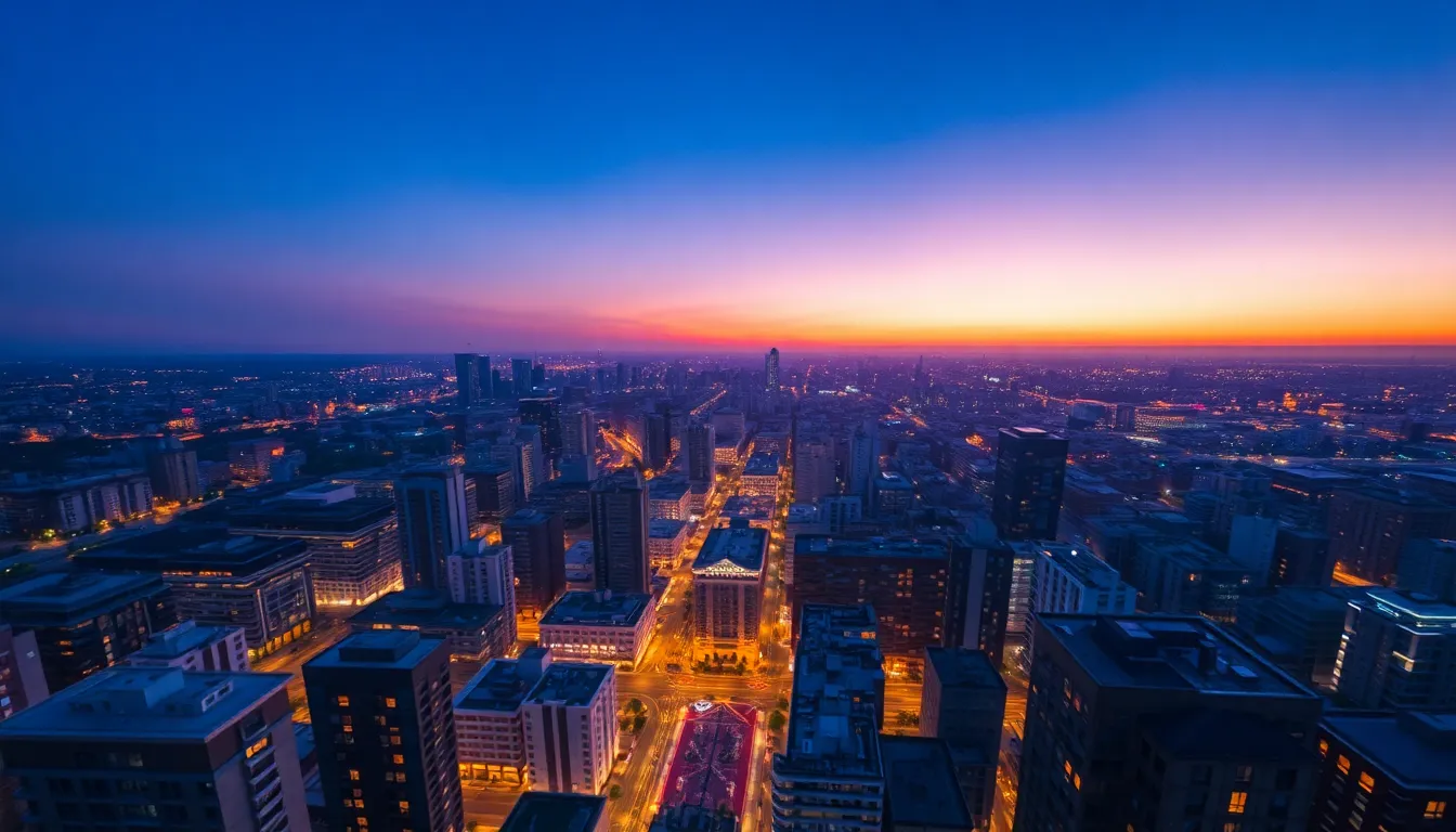 Twilight City Skyline Aerial Shot