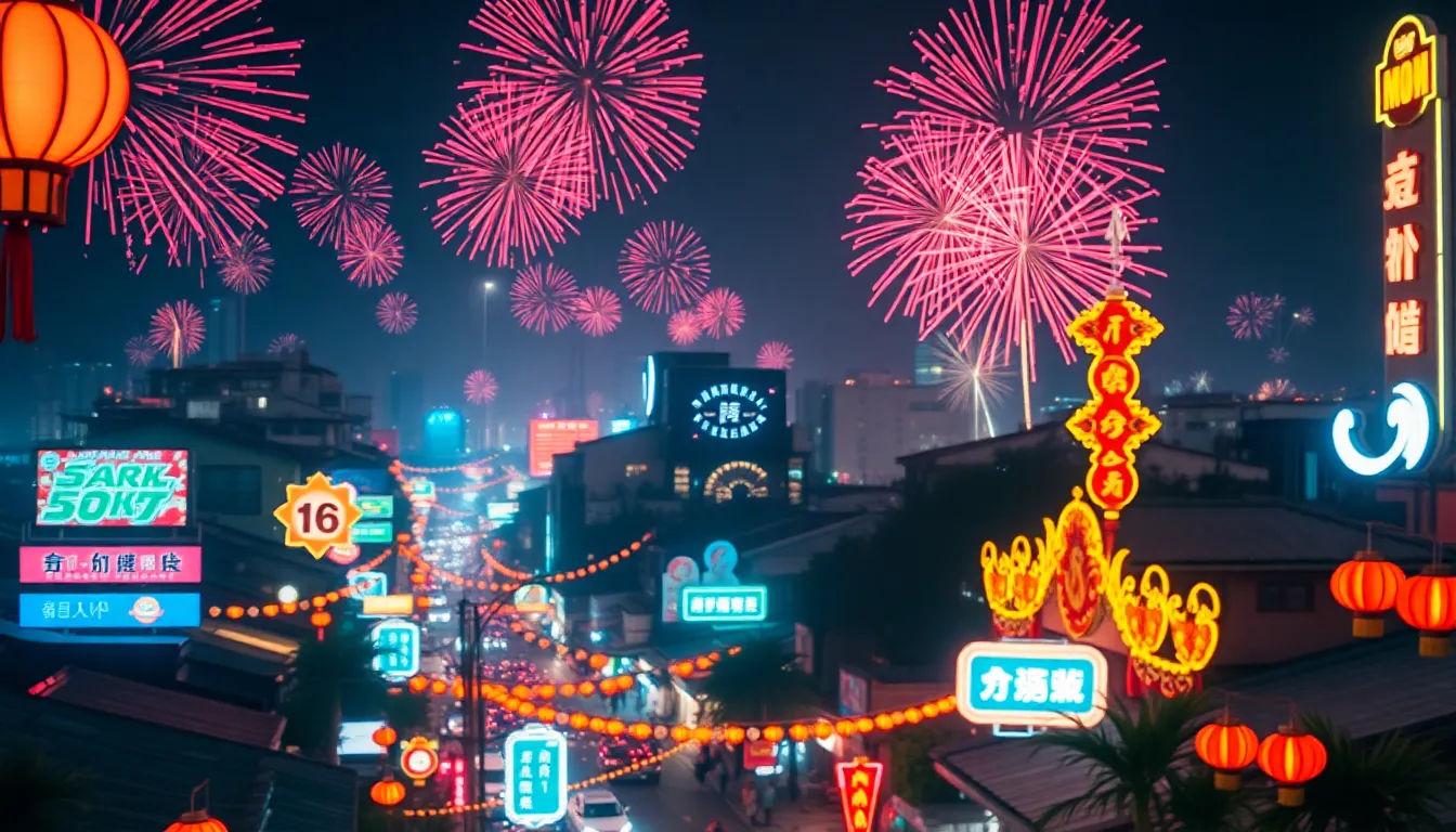 This exciting aerial view captures a vibrant city during a night festival, where colorful lights and fireworks illuminate the sky above. Dynamic lighting from lanterns and neon signs creates a lively atmosphere. The medium depth of field emphasizes the bustling streets below, while the cinematic teal and orange color grading enhances the vibrancy of the scene, following the rule of odds with clusters of lights drawing the eye.