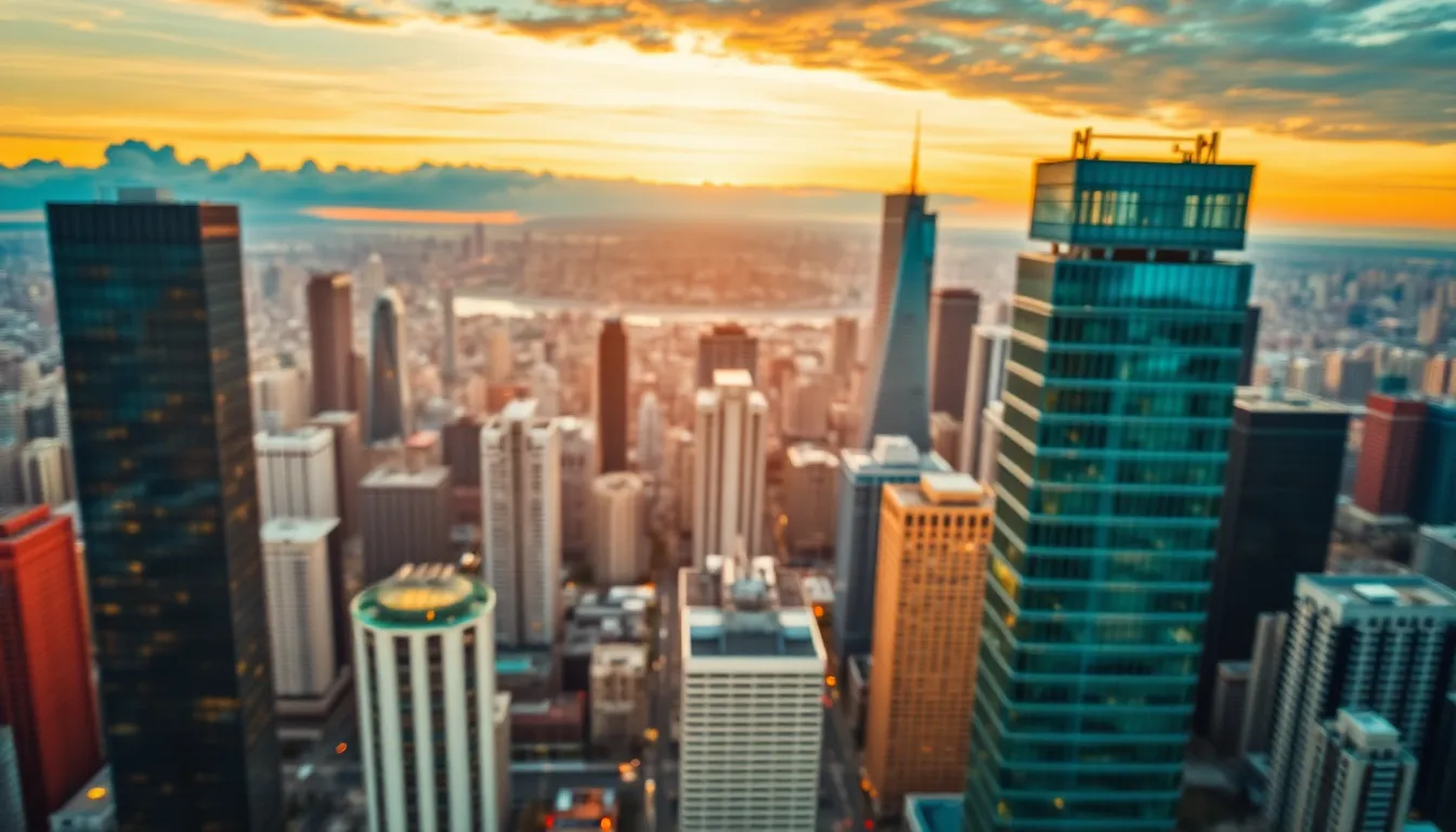 This breathtaking aerial shot captures a vibrant city skyline during dusk, showcasing towering skyscrapers adorned with glass facades reflecting golden light. The warm glow envelops the urban landscape, while dramatic clouds add depth to the sky. The foreground features soft bokeh, enhancing the visual interest and inviting the viewer into the scene. This dynamic shot employs teal and orange tones, evoking the energy of a bustling metropolis.