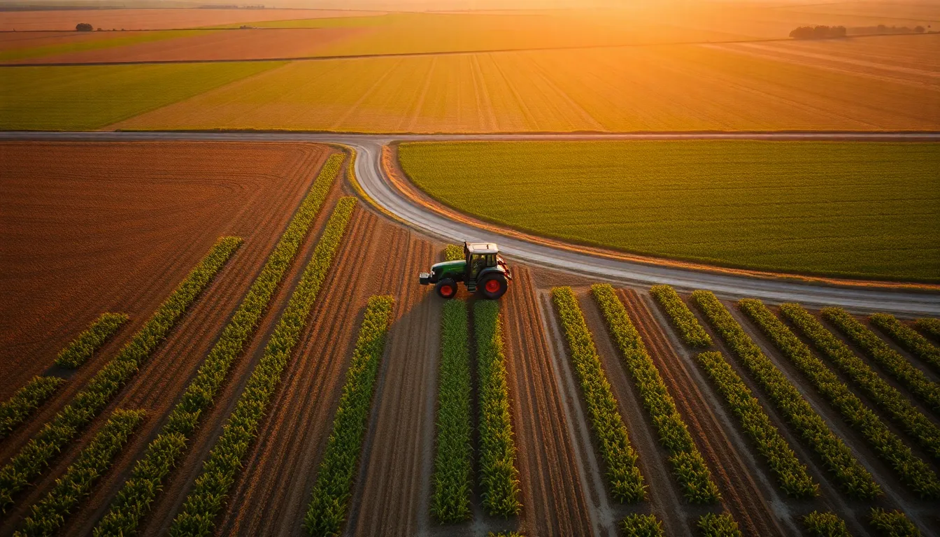 This stunning aerial photograph captures a thriving agricultural landscape at sunrise, where warm golden light bathes the fields in a soft glow. Rows of vibrant green crops contrast beautifully against the plowed earth, while a tractor works diligently in the foreground. The Kodak Portra 400 color palette enhances the warm earthy tones, creating an inviting scene. Leading lines from the crops guide the viewer's eye, conveying the vastness of this working landscape.