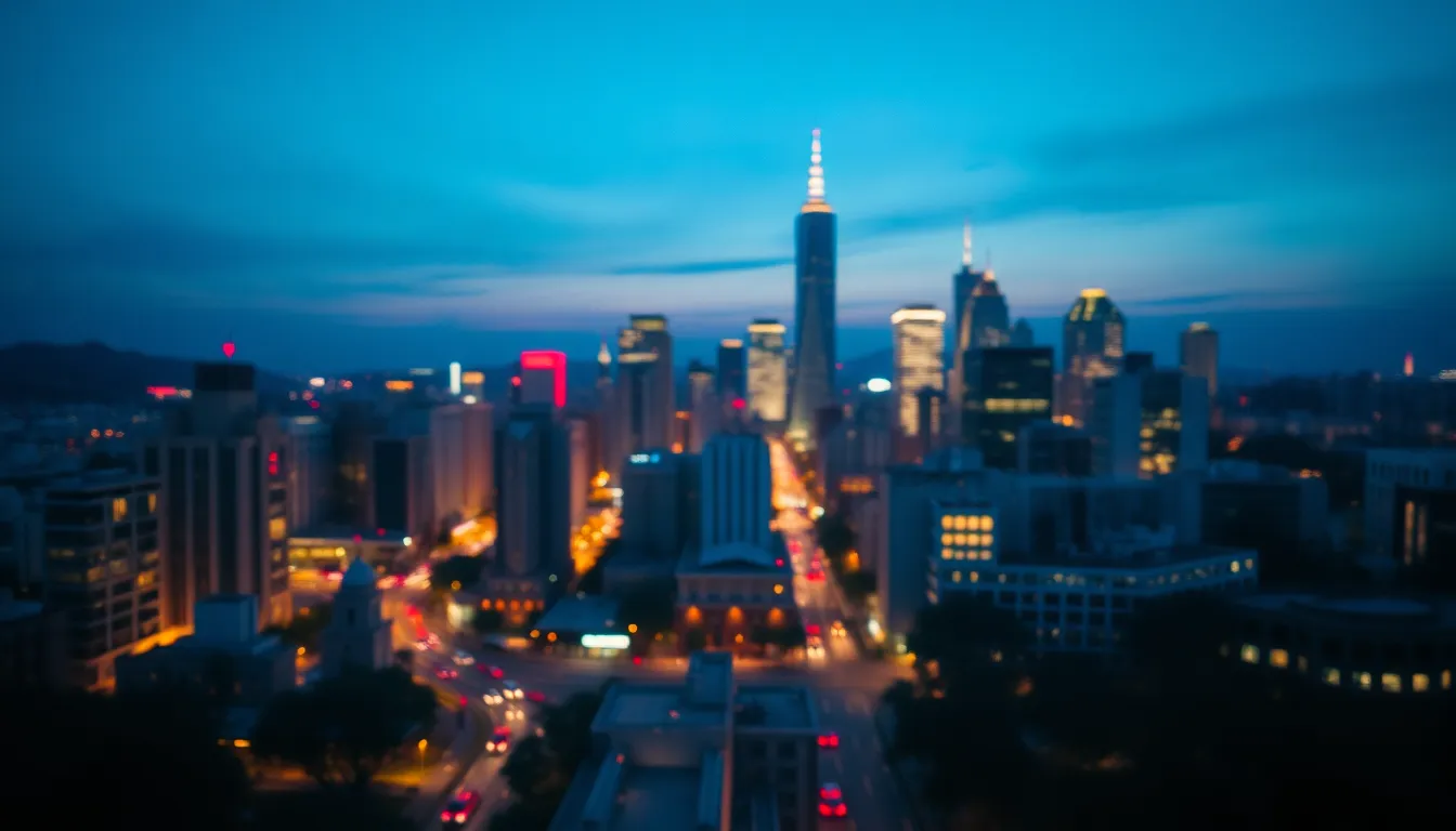 This breathtaking aerial image captures a vibrant urban skyline during twilight, showcasing the interplay of warm city lights and a deep blue sky. The cityscape is beautifully framed by leading lines of illuminated streets converging toward architectural landmarks. The rich colors inspired by Fujifilm Velvia add a lively touch, while the reflections on glass surfaces enhance the scene's depth and allure. Aerial photography's unique perspective invites the viewer to explore the bustling city life below.