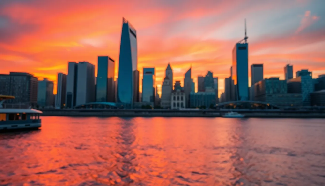 This breathtaking aerial view captures a vibrant sunset over a modern city skyline. The warm hues of orange and pink contrast beautifully with the cool blues of the glass buildings. Leading lines from the river draw the eye toward the cityscape, while the soft bokeh in the foreground adds depth and serenity. The reflective water enhances the tranquil mood, making this image perfect for urban-themed projects.