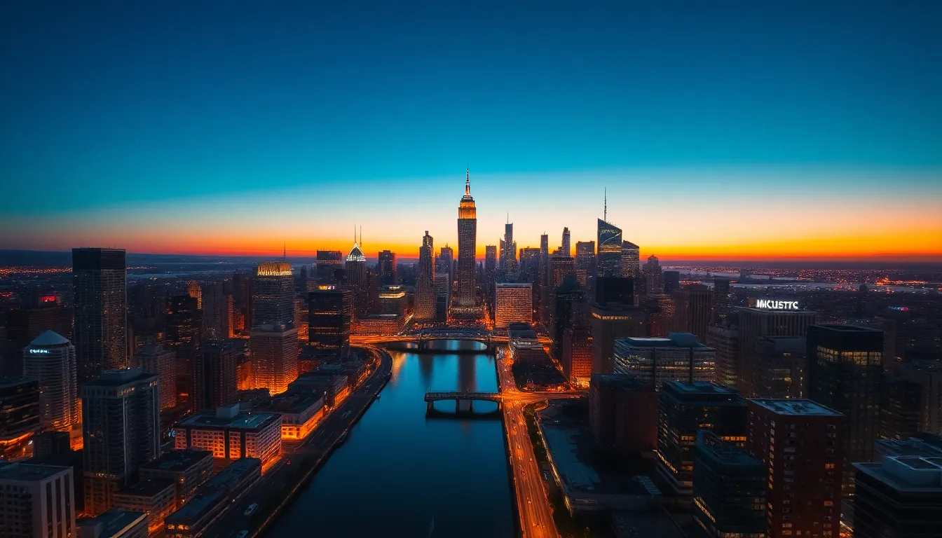 Dusk City Skyline Aerial View