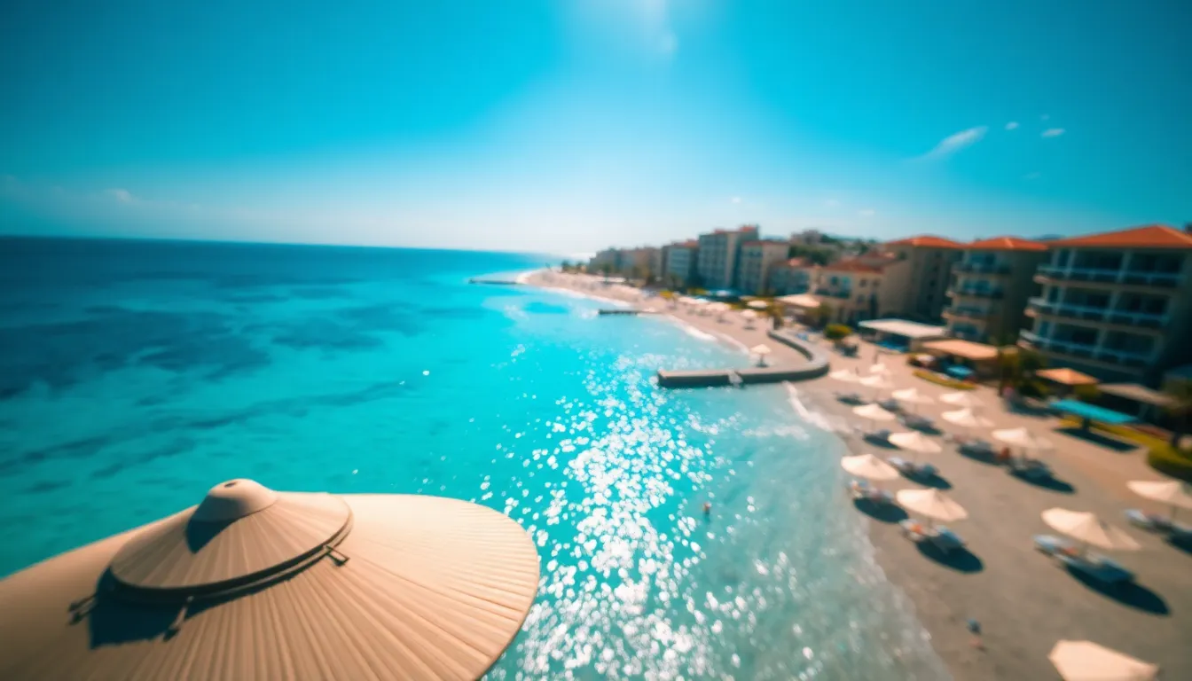 This stunning aerial image showcases a picturesque coastal resort town under a bright sunny sky. The turquoise sea glistens with sparkling reflections, while colorful beach umbrellas dot the shoreline. A shallow depth of field draws attention to the lively beach scene, and vibrant colors enhance the idyllic atmosphere. The symmetrical composition beautifully balances the coastline and resort architecture, creating an inviting visual experience.